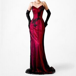 Vintage Burgundy Red Floral Beaded Embroidered Mesh Bodycon Maxi Prom Dress